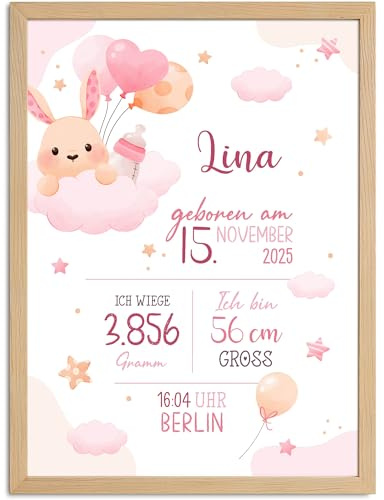 SpecialMe® Baby Poster personalisiert Mädchen | Geburtsposter mit Name, Geburtsdaten und Hase | Wandbild fürs Babyzimmer |Geschenk zur Geburt