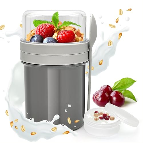 Taza Portátil para Desayuno Mixto Porta Yogur Muesli Cup Práctica Taza para Yogur con Cuchara Overnight Oats Jar Adecuada para Salidas Trabajo Escuela Picnics Gris