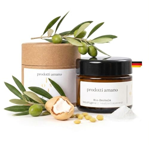 Prodotti Amano Unisex Bio Deocreme aus Olivenöl, 24h Schweiß Schutz Neutral | TESTSIEGER* Deo Creme hautberuhigend, ohne Zusatzstoffe Konservierungsstoffe od. Emulgatoren | Deodorant made in Germany