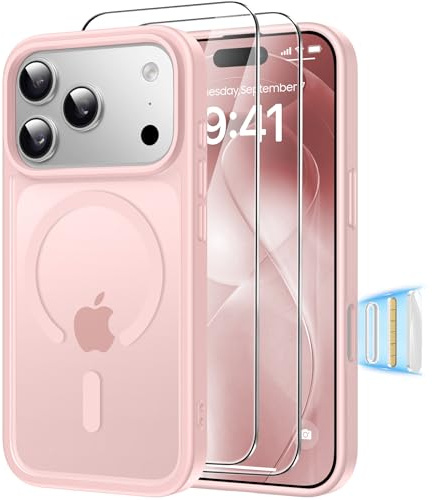 Guisessy Magnetica Cover per iPhone 17 Pro Max con 2 Vetro Temperato, Custodia per controllo della fotocamera, Compatibile con MagSafe, Hard PC Anti-Graffio Protettiva Antiurto - Rosa