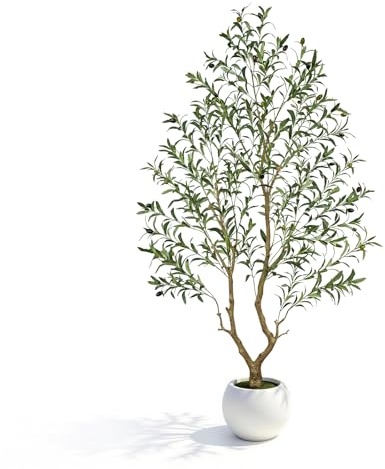 Artificial Olive Tree with White Planter Large Fake Silk Olive Plant Faux Tall Tree Modern Indoor Decor for Home Living Room Bedroom Office Balcony Corner Garden