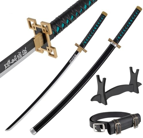 Katana i Trä 77 cm med Bälte och Ställ - Daemon Slayer Dekorativt Japanskt Svärd för Anime Cosplay, Maskerad och Rollspel - Wakizashi Träsvärd - Kort Samurajsvärd i Bambuträ (Ej Vasst)