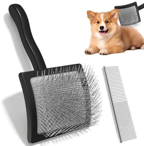 Slicker borste hund & katter med extra långa stift av rostfritt stål, hundborste, kattborste för långt hår, päls med pälskam, pälsborste mot underull, knutar och tovning, pälsvårdsset för hundar