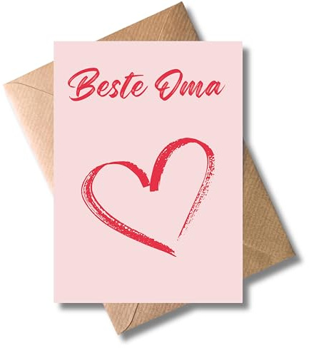 WBdesignz moderne Danke Karte - Beste Oma - liebevolle Glückwunschkarte mit Umschlag für Großmutter, Oma - Gratulationskarte mit rotem Herz - auch zum Muttertag, kleine Aufmerksamkeit (DIN A6)