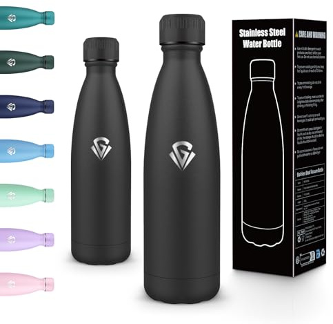 Motswedi Gourde Isotherme 500ml, Double Paroi, Gourde INOX, Thermos Isotherme, Anti-Fuite, Bouteille d'eau, Bouteille pour L'école, Travail, Voyage, Randonnée, Noir-A