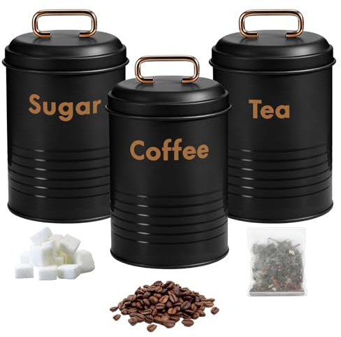 Yuecda 3 Piece Tea Coffee Sugar Canister Set Elegant Metal Storage Canister Airtight Containers Kitchen Essentials Cafe Accessories（Black and Rose Gold）