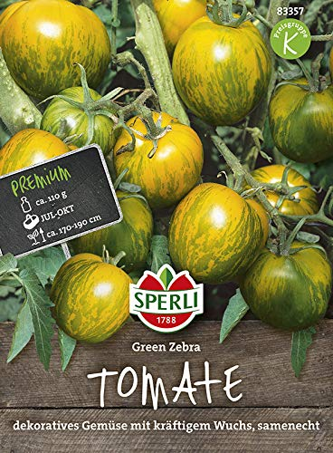 Sperli Salat-Tomatensamen Green Zebra 83357 - dekorativ - für Gewächshaus - gelb- grün gestreift - kräftiger Wuchs - Saatgut, Samen Gemüse, Gemüse Pflanzen