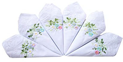 MileyMarla Damen-Taschentücher aus Baumwolle, mit Blumenstickerei, Spitze, 6 Stück, D-6 Stück, Einheitsgröße