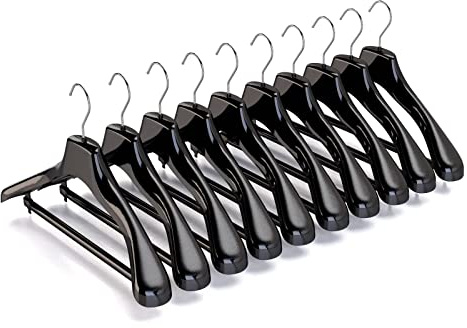 Mainetti Appendini per Capispalla, Cappotti, Abiti Pesanti, Grucce in Plastica, Resistenti, con Barra Porta Pantaloni, Made in Italy, Set di 10 Pezzi, Nero Lucido con Gancio Zincato, Taglia 45cm