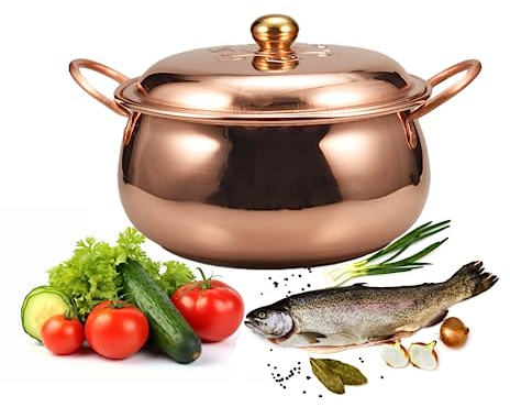 YINOX Pentola in puro rame da 26 cm, fatta a mano, 99,95% rame, finitura lucida, con coperchio