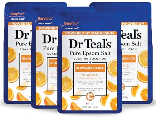 Dr Teal's Pure Epsom Salt Soak, Glow & Radiance with Vitamin C & Citrus Essential Oils, 3 lbs (Pack of 4)