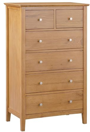 Hallowood Furniture Hereford Oak Chest of Drawers with 6 Wooden Drawers, Solid Light Oak Dresser, 2 Over 4 Chest for Bedroom, Living Room & Hallway, Fully Assembled Bedroom Furniture