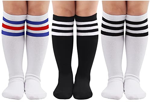 DRESHOW 3 Paires Chaussettes de Foot Enfant Tout-petit Coton Chaussettes Genoux Enfants Chaussettes Hautes Rayées de Sports pour Garçons Filles de 1 à 10 Ans