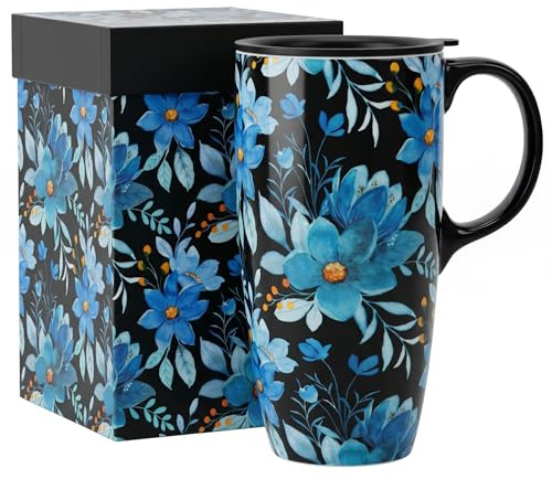 DUSVALLY Ceramic Travel Mug with Lid, 500ml/17oz Blue Floral Coffee Mug