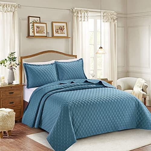 BQC Luxury Quilted Bedspread Bed Throw Comforter Embossed Pattern Machine Washable 3 Pcs Inspiration Bedding with 2 Pillow Cases (King, Blue)