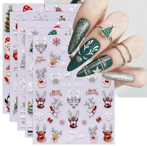 JMEOWIO 6 Blatt 3D Nagelsticker Weihnachten Glitzer Nail Art Sticker Selbstklebend Nagelaufkleber 5D Stereoskopisch Schneeflocken Winter Niedlich Dekoration Nageldesign Zubehör