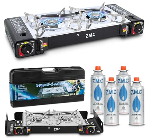 Z.M.C Camping gasspis, 2 plattor, inklusive adapter för LPG-anslutning, 4 gaspatroner på 227 g, campingspis med piezo-tändning för utomhus- och inomhusbruk