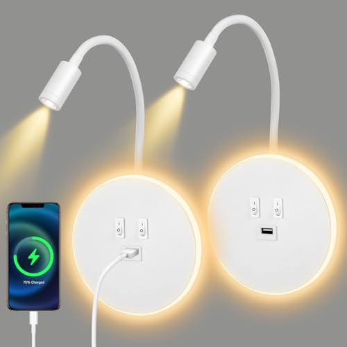 2pcs Lámpara de Pared LED, Luz de Lectura Junto a la Cama de cuello de cisne, Aplique de Pared Cabecera de Pasillo Ajustable , con Puerto de Carga USB e Interruptor (Luz cálida 3W + 9W) (Blanco)