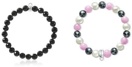 THOMAS SABO Damen Charm-Armband Schwarz Charm Club 925 Sterling Silber X0220-840-11 & Damen Charm-Armband Süßwasserzuchtperle Rosenquarz Hämatit Charm Club 925 Sterling Silber X0188-581-7