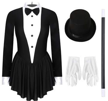 iiniim Damen Zirkus Kostüm Langarm Kleid mit Mütze Body Overall Zauberer Uniform Zirkusdirektor Kostüm Halloween Karneval Mottoparty Outfits Ka Schwarz XL