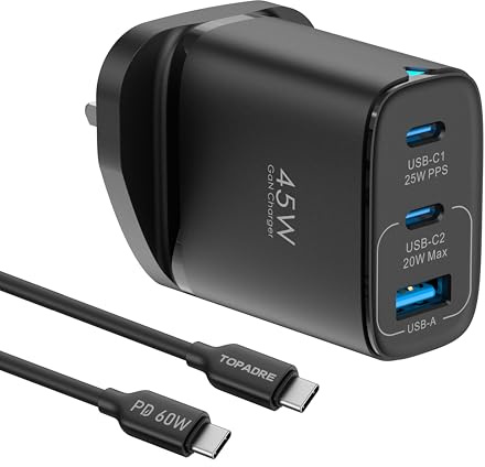 45W USB C Plug Fast Charge for Samsung Series, 3 Ports GaN USB Charger Plug, UK PD Power Adapter, Wall USB C Charger Plug for Samsung Galaxy S25 5G/S24/S23/S22 Ultra, for Galaxy A34/A54/A24/A14, Black