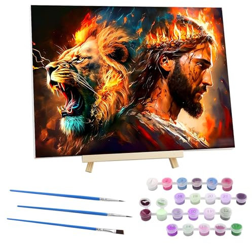 EOBROMD Malen nach Zahlen für Erwachsene mit Rahmen, Jesus Malen nach Zahlen mit Faltenfreie Leinwand und Holzstaffelei, DIY Fantasie Handgemalt Ölgemälde Kit für Anfänger Als Geschenk 30x40cm(Löwe)