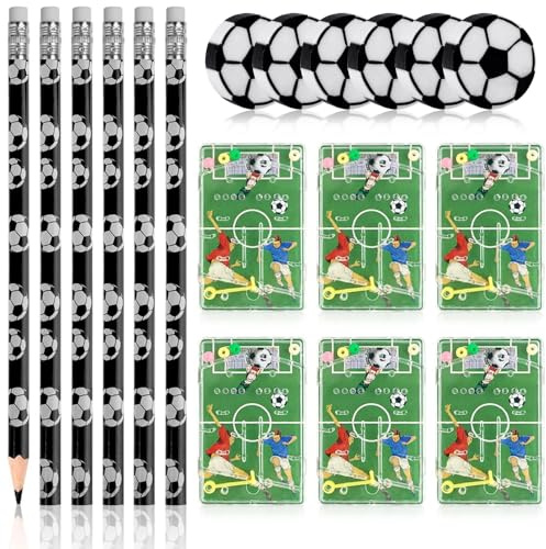 36 Stück Fussball Mitgebsel, 12 Fußball HB Bleistifte 12 Fußball Radiergummi 12 Flipperspiel Fußball Spielfeld, Bleistifte Radiergummi Schreibwaren Set für Schule Schreibwaren