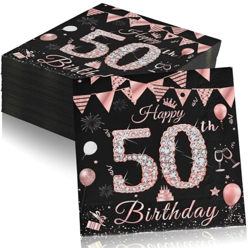 Servietten 50. Geburtstag Frau, 40 Stück Papierserviette Mädchen Happy Birthday Decorations, Schwarz Rosé Gold Tischdekoration für Party, Papierservietten zum 50.