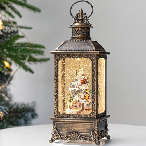 Christmas Snow Globe Lantern Musical Lighted Snow Mountain Snowman Village Water Lantern with Swirling Glitter Decoration for Christmas Home, Living Room, Batter Operated or USB Powered