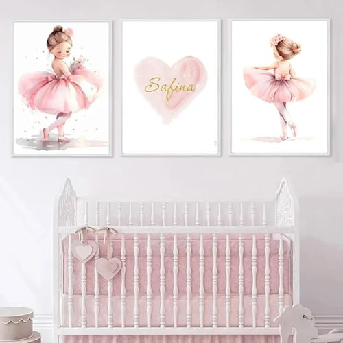Youihom 3 Bilder Kinderzimmer Mädchen Rosa 30x40 Babyzimmer Poster Personalisiert Wandbilder Kinderzimmer Name Wandposter Baby Ballerina Love Bilderwand Leinwand ohne Rahmen (CZS039)
