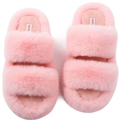 FamilyFairy Women's Fluffy Faux Fur Slippers Comfy Open Toe Two Band Slides with Fleece Lining and Rubber Sole(7-8, Coral Pink)
