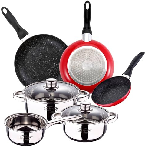 San Ignacio Batería 5 piezas Cassel + Set 3 sartenes Ø16/Ø20/Ø24 cms rojo, aluminio prensado, antiadherente, inducción