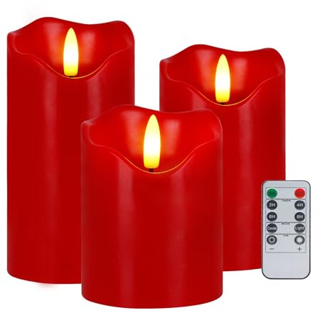 Justup 3 Stück Weihnachten Flammenlose LED-Kerzen mit Fernbedienung, Timer | Weihnachten Rot Flackernde Kerzen, Dimmbare Säulen Kerzenlicht Batteriebetrieben, LED Elektrische Kerzen für Winter Dekor