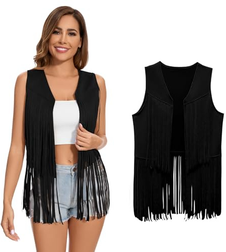 XonyiCos Women's Fringe Vest 70s 60s Hippie Vest Sleeveless Cowgirl Western Faux Suede Tassel Leather Jacket Carnival and Role Play Costumes