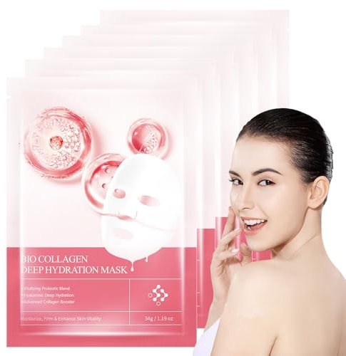 6 Pezzi Maschera Viso al Collagene, Bio Collagen Real Deep Mask, Bio Collagen Overnight Face Mask, Maschera Bio Collagene Viso, Maschera al Collagene, idratare e rassodare la pelle (Rosso)