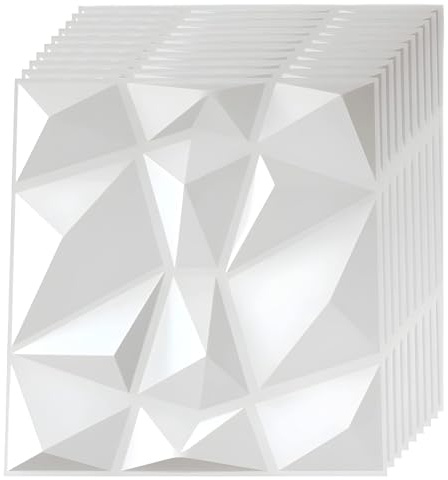 JOLOV 12-Pack 3D PVC Wall Panels, 11.8x11.8 Matte White, Modern Diamond Textured Accent Paneling for Gaming Living Room TV Background (S150)