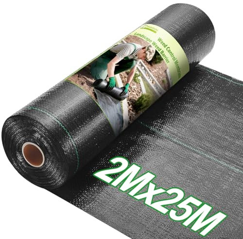 wohohoho 6.6ft x 82ft Weed Control Membrane Roll, 2m x 25m Garden Weed Membrane Heavy Duty Landscape Weed Control Fabric, 3.2oz Weed Suppressant Membrane for Patios, Garden, Flower beds, Pond