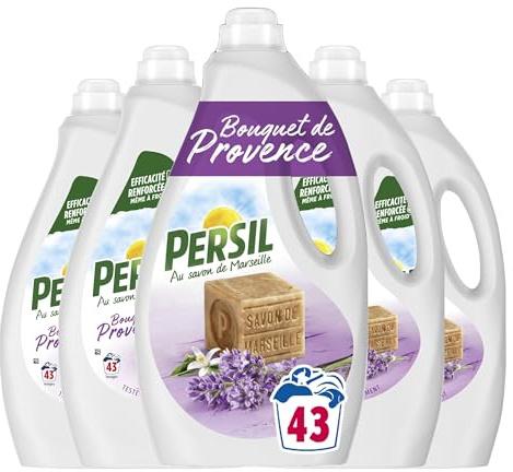 Persil - Lessive Liquide Bouquet de Provence – Parfum au extraits naturels de lavande & au Savon de Marseille - 215 lavages - Encore Plus Efficace Même à Froid - Testée Dermatologiquement - Lot 5x43