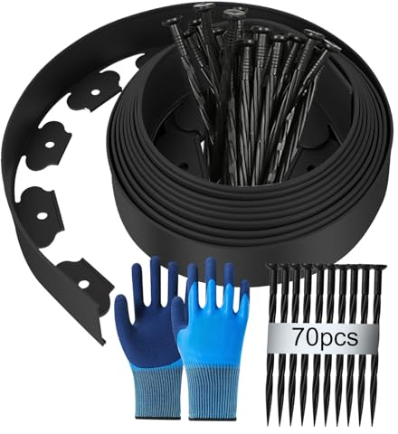 Flexibel gräskant av plast, 15 m (L) x 5 cm (H) gräskant plast, gräskant höjd, rabattinfattning, gräsklippningskant Palisade, med fästspikar x 70 handskar x 1 par – svart