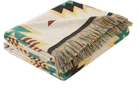 LHGOGO Grande couverture tissée aztèque avec pompons, 130 x 180 cm, extra épaisse de style bohème pour canapé et fauteuil, réversible en coton mélangé haute densité pour canapé-lit