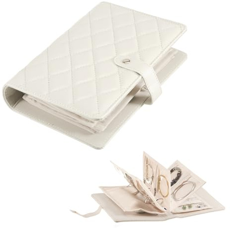 EUIOOVM Travel Jewellery Organiser Case,Jewellery Rolls Organiser with Clear Zipper,Jewellery Case with 5pcs Velvet Jewellery Pouches Bagfor Rings, Necklace, Earrings(Beige,21.5X15.5X4 cm)