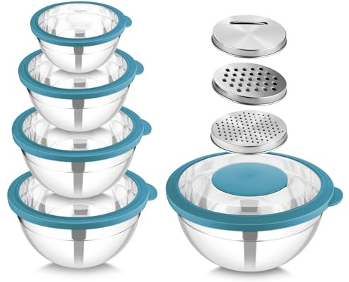 HaWare Mixing Bowls with Lids Set, 5PCS Stainless Steel Nesting Bowls for Kitchen, 3 Graters Attachments, Clear Lids, Airtight for Food Prep, Baking, Storage (4.6/2.8/1.6/1.2/0.7 L, Blue)