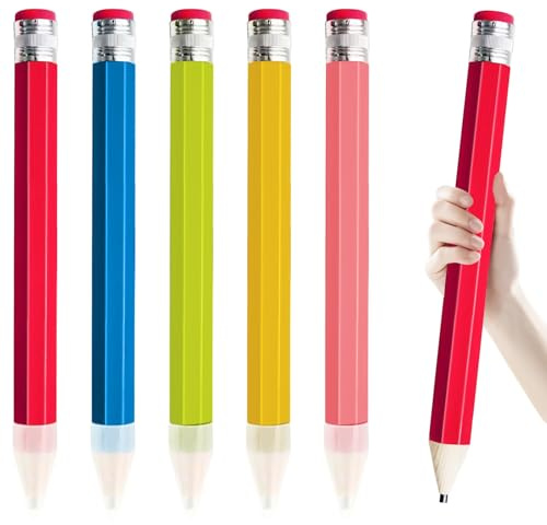 GBKDQQ Lot de 5 crayons Jumbo en bois de 34 cm - Avec capuchon et gomme - Grands crayons amusants pour enfants, école, maison, bureau, cadeaux et décoration