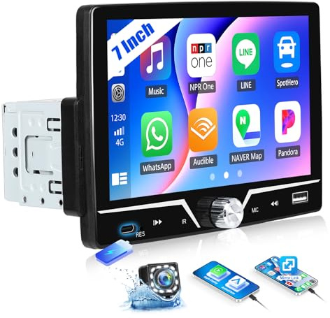 CAMECHO Autoradio 1 Din Carplay 7 Zoll Bluetooth Radio mit Rückfahrkamera, HD Touch Bildschirm Wired Android Auto mit FM EQ-Ton Lenkradsteuerung USB Mirror Link
