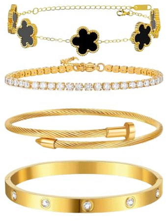 JYIXXZX 4 Pezzi Bracciale Quadrifoglio da Donna 18K Placcato Oro Acciaio Inossidabile Fortunato Quadrifoglio Set di Braccialetti con CZ Braccialetto Tennis Impilabile Regolabile Gioielli