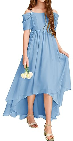Haloumoning Vestido de niña con hombros descubiertos con volantes, vestido de verano para niños, línea A, monocolor, elegante, vestido de fiesta, boda, cumpleaños, festivo
