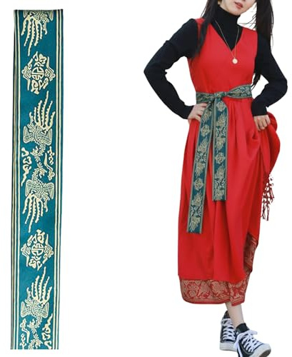 LEESLE Royal Korean Belt – Wonsam Inspired Hanbok Waist Sash for Women, Embroidered Traditional Fashion Scarf, 7 Colors (Green)