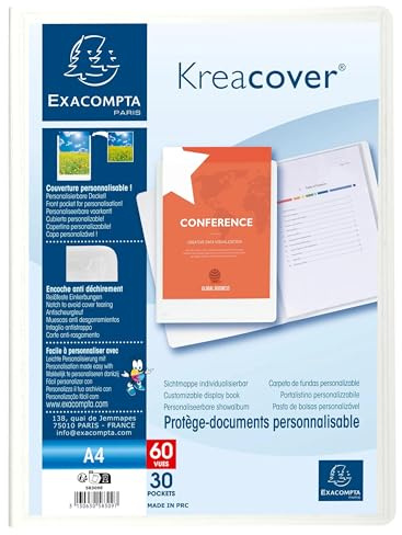 Exacompta 58309E 12er Pack Sichtmappe KreaCover Chromaline aus Kunststoff DIN A4 mit 30 Klarsichthüllen, 60 Sichten, Tasche am Vorderdeckel zum selbstgestalten, Aktenhülle, farbig sortiert