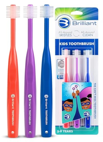 Brilliant Oral Care Kids Toothbrush with Soft Bristles and Round Head, for a Child Approved, Easy to Use All-Around Clean Mouth, Ages 5-9 Years, Red Purple Royal, 3 Pack