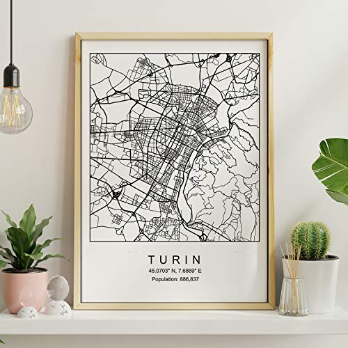Nacnic Stampa Artistica Cartina geografica della Città di Torino. Regione Piemonte. Mappa della Città dell'Arte, Stile Nordico in Bianco e Nero. Turin, Italia. 250 Grammi di Alta qualità.